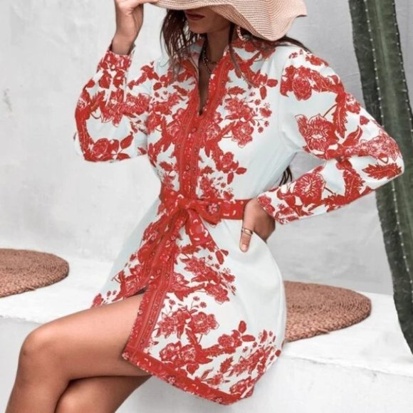 Boho Belted Floral Print shirt Mini Dress -red - Picture 4 of 5